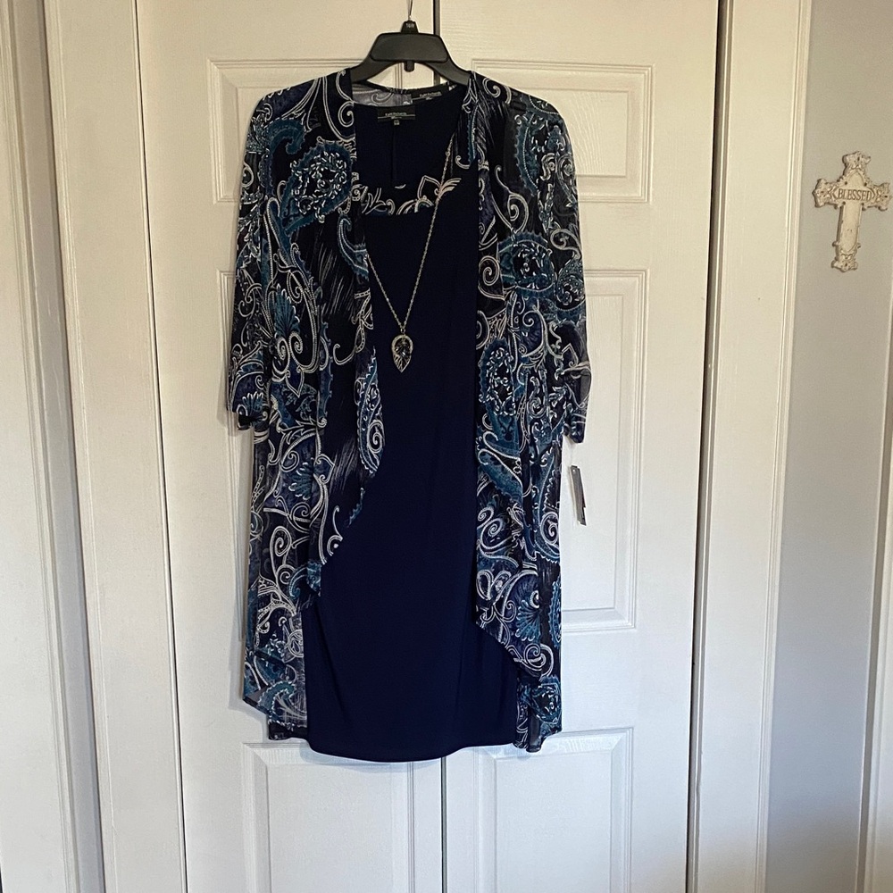 R & M Richards Blue and Black Dress with Paisley Overlay